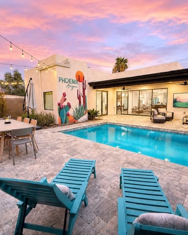 Pool and patio at a Desert Pine Stays designer home in Coronado, Phoenix
